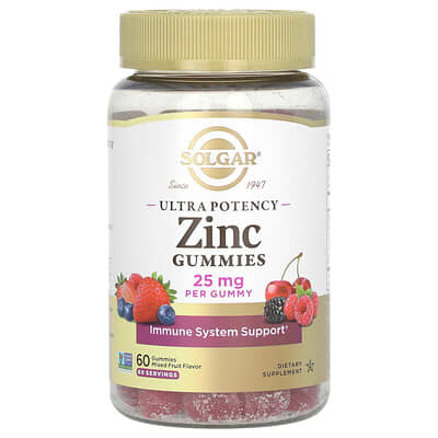 Solgar, Extra Strength Zinc Gummies, Assorted Fruit Flavors, 25 mg, 60 Gummies