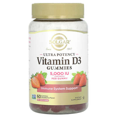 Solgar, Extra Strength Vitamin D3 Gummies, Strawberry Flavor, 125 mcg (5000 IU), 60 Gummies