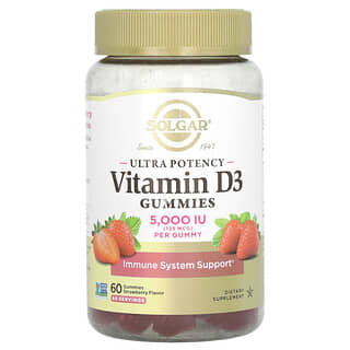 Solgar, Gommes à la vitamine D3 ultra-efficaces, Fraise, 125 µg (5000 UI), 60 gommes