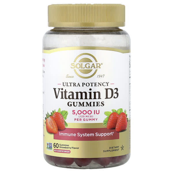 Solgar, Ultra Potency Vitamin D3 Gummies, Strawberry, 125 mcg (5,000 IU), 60 Gummies — product photo 1