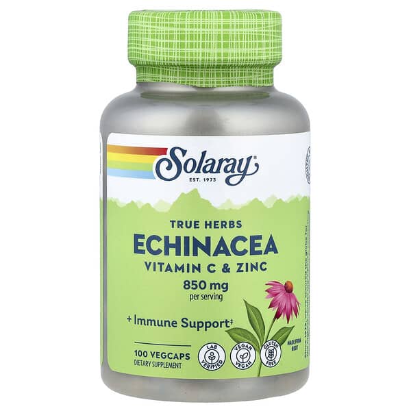 Solaray True Herbs, Echinacea, Vitamin C & Zinc, 100 VegCaps