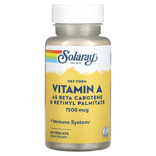 Solaray, Vitamine A sous forme sèche, 7500 µg, 60 capsules végétariennes