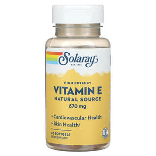 Solaray‏, "ויטמין E ממקור טבעי, בעל עוצמה גבוהה, 670 מ""ג, 60 כמוסות רכות."