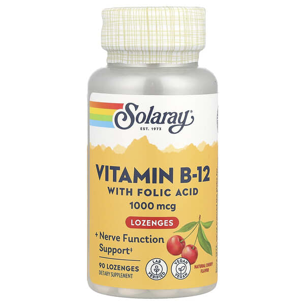 Solaray Vitamin B-12 with Folic Acid Lozenges, Natural Cherry, 1,000 mg, 90 Lozenges