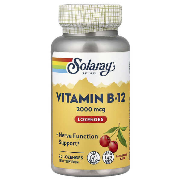 Solaray, Vitamina B-12, Sabor Natural de Cereja, 2.000 mcg, 90 Pastilhas