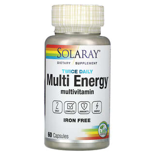 Solaray‏, מולטי-ויטמין עם אנרגיה פעמיים ביום, ללא ברזל, 60 כמוסות