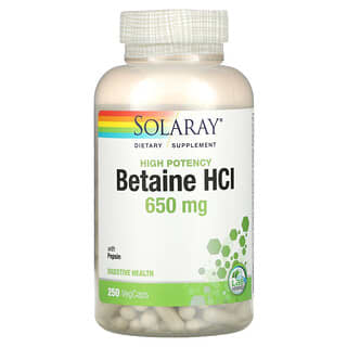 Solaray, высокоэффективный бетаина гидрохлорид с пепсином, 650 мг, 250 капсул VegCap