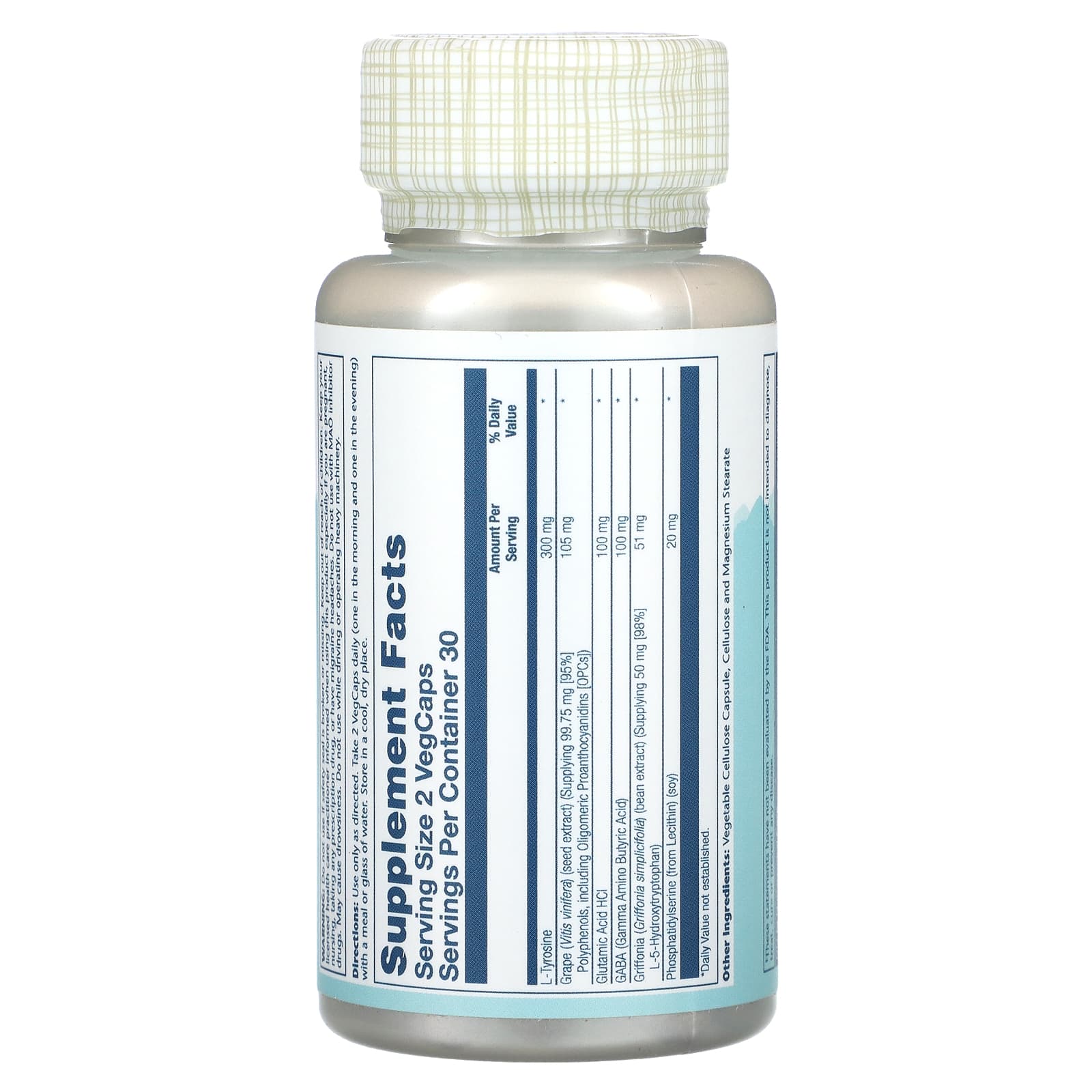 Solaray, Focus For Adults with LTyrosine, Grape Seed Extract, Gaba & 5