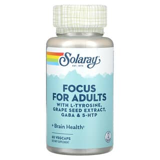 Solaray, Focus para adultos con L-tirosina, extracto de semilla de uva, gaba y 5-HTP, 60 cápsulas vegetales