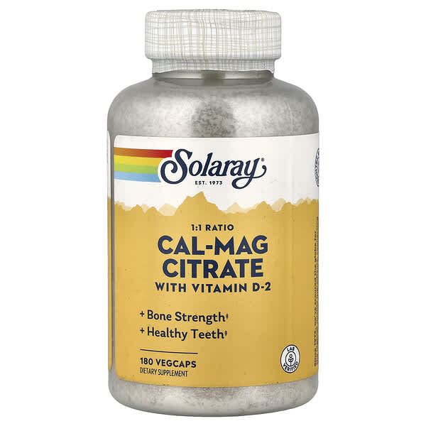 Solaray Cal-Mag Citrate with Vitamin D-2, 1:1 Ratio, 180 Vegcaps