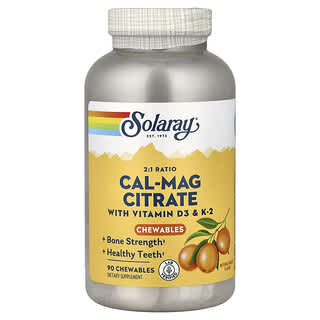 Solaray, Цитрат магния и кальция с витаминами D3 и K2, натуральный апельсиновый вкус, 90 жевательных таблеток