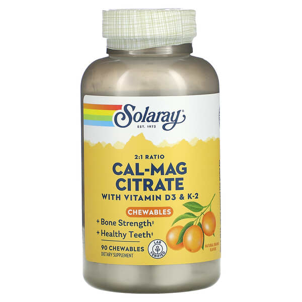 Solaray, Citrato de calcio y magnesio con vitamina D3 y vitamina K2, Naranja natural, 90 comprimidos masticables