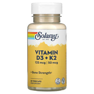 Solaray, Vitamina D3 + K2, Sem Soja, 60 Cápsulas Vegetais