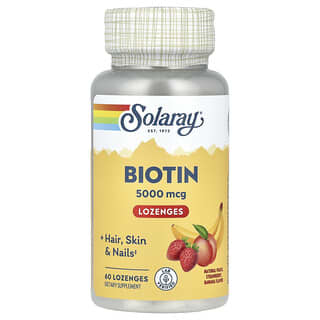 Solaray, Biotine, Arômes naturels de pêche, fraise, banane, 5000 µg, 60 pastilles