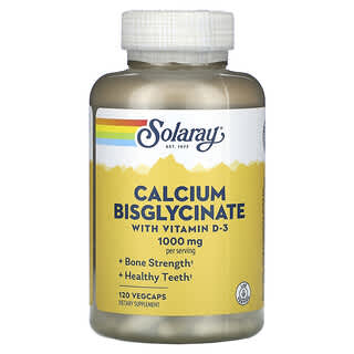 Solaray, Bisglicinato de Cálcio, Com Vitamina D-3, 1.000 mg, 120 VegCaps (250 mg por Cápsula)