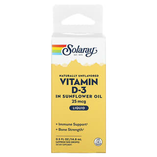 Solaray, Vitamina D-3 em Óleo de Girassol, Naturalmente Sem Sabor, 25 mcg, 14,8 ml (0,5 fl oz)