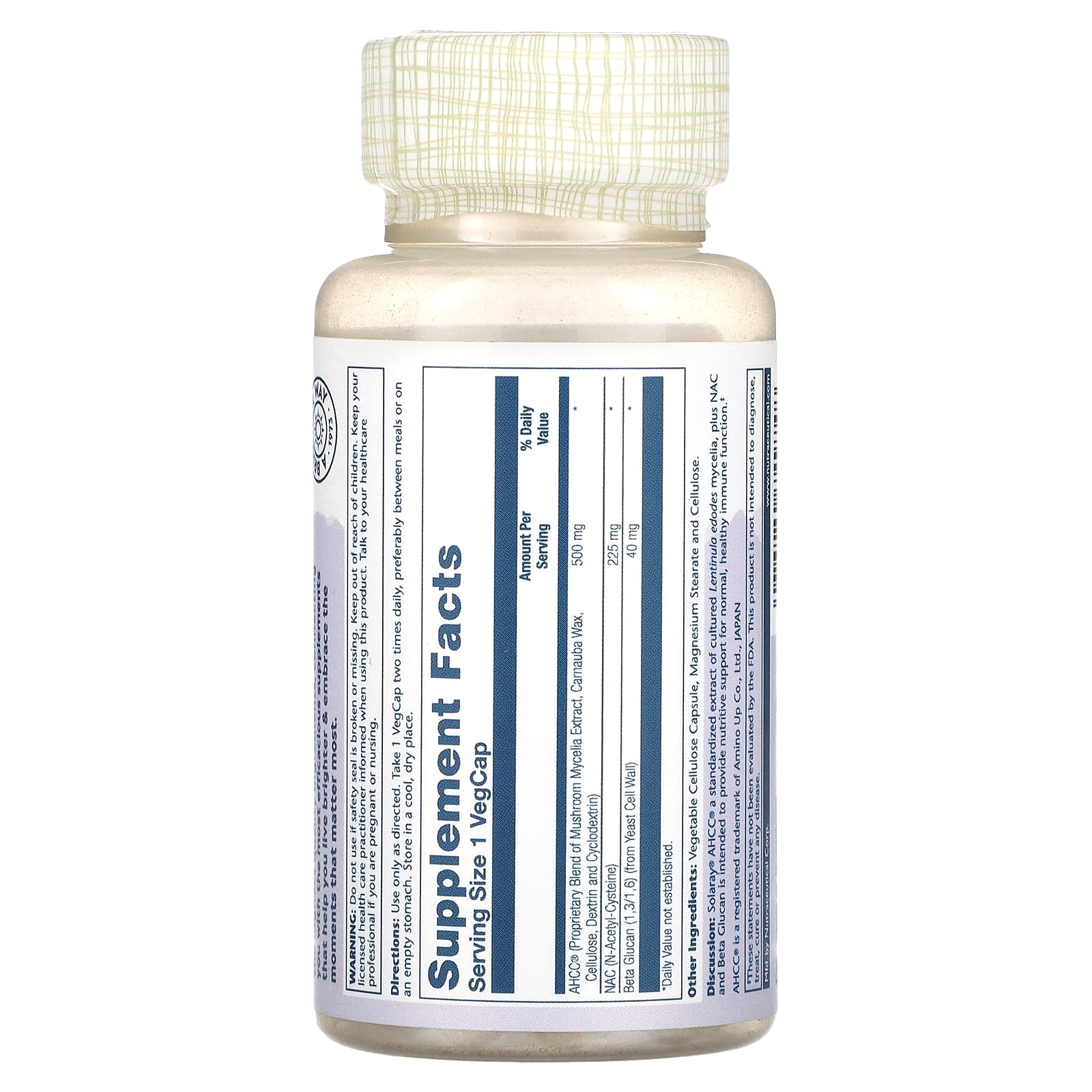 Solaray, AHCC Plus NAC & Beta Glucan With Mushroom Mycelia Extract, 30