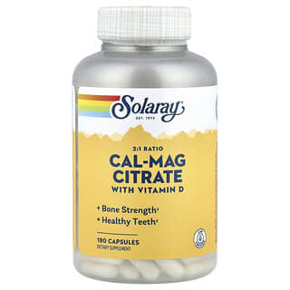 Solaray, Citrato de calcio y magnesio, proporción de 2:1 con vitamina D-3, 180 cápsulas