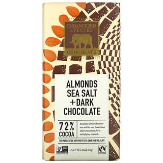 Endangered Species Chocolate, لوز مملح بملح البحر + شيكولاتة داكنة، 72% كاكاو، ، 3 أونصة (85 جم)