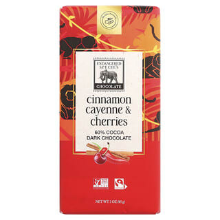 Endangered Species Chocolate, 다크 초콜릿 바, 계피 카이엔 및 체리, 코코아 60%, 85g(3oz)