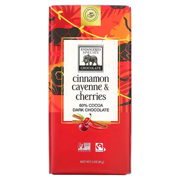 Endangered Species Chocolate, Dark Chocolate Bar, Cinnamon Cayenne &amp; Cherries, 60% Cocoa, 3 oz (85 g)