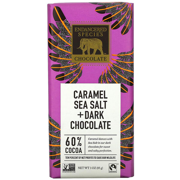 Endangered Species Chocolate, Caramel Sea Salt + Dark Chocolate, 60% Cocoa, 3 oz (85 g)