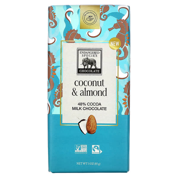 Endangered Species Chocolate, 牛奶巧克力棒，椰子和杏仁味，48% 可可，3 盎司（85 克）