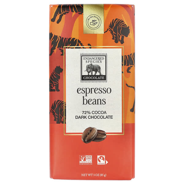 Endangered Species Chocolate（エンデンジャードスピーシーズチョコレート）, エスプレッソビーンズ＋ダークチョコレート、カカオ72％、85g