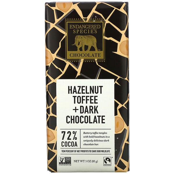 Endangered Species Chocolate, Hazelnut Toffee + Dark Chocolate, 72% Cocoa, 3 oz (85 g)
