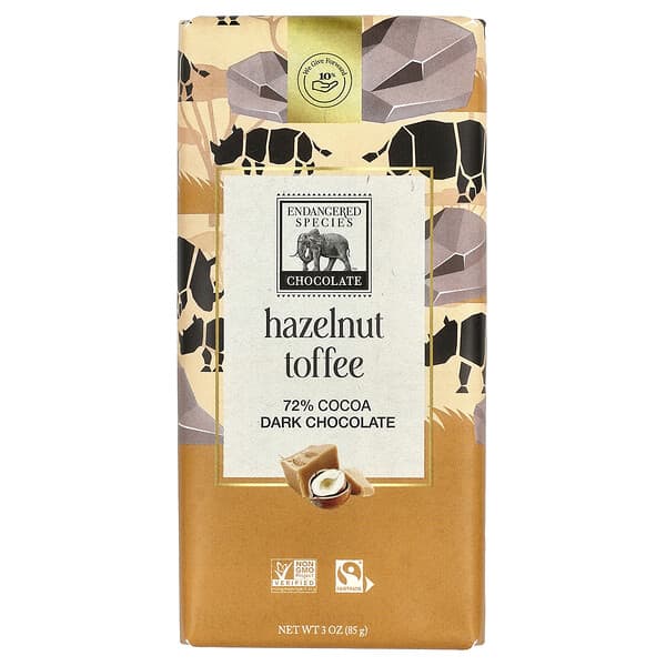 Endangered Species Chocolate（エンデンジャードスピーシーズチョコレート）, ヘーゼルナッツトフィー＋ダークチョコレート、カカオ72％、85g