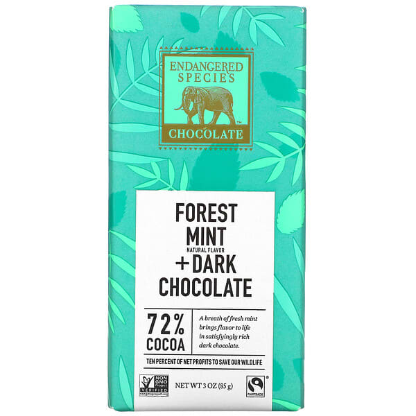 Endangered Species Chocolate, Menthe de la forêt et chocolat noir, 72 % de cacao, 85 g