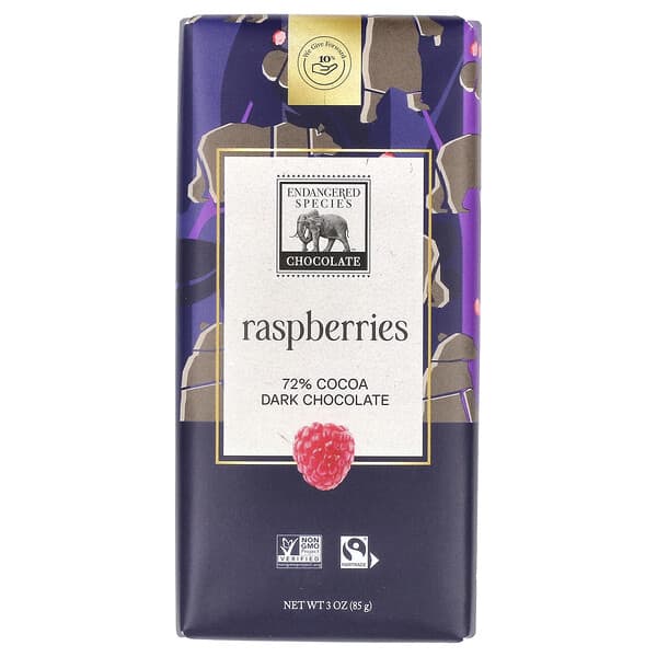 Endangered Species Chocolate, Raspberries + Dark Chocolate, 72% Cocoa, 3 oz (85 g)