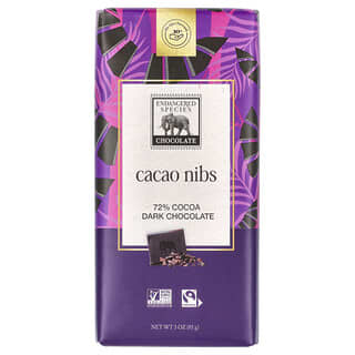 Endangered Species Chocolate, Nibs de Cacau + Chocolate Amargo, 72% de Cacau, 85 g (3 oz)