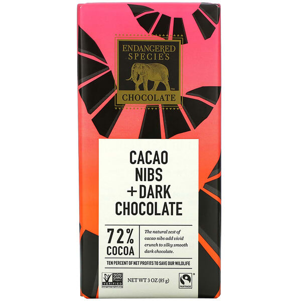 Endangered Species Chocolate, カカオニブ＋ダークチョコレート、カカオ72％、85g（3オンス）