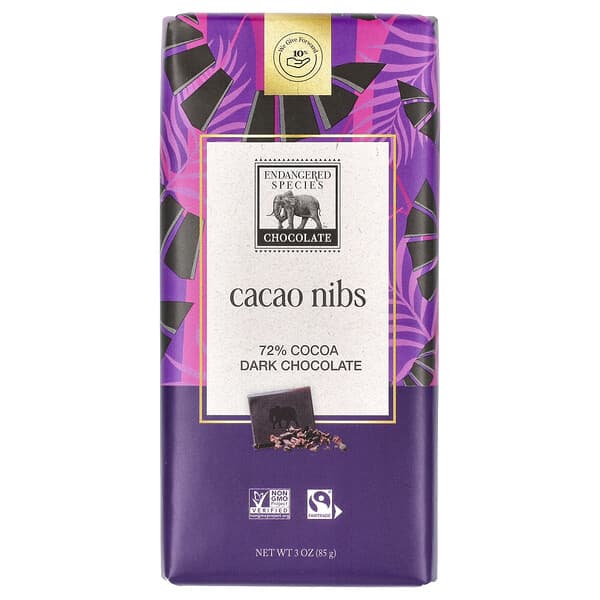 Endangered Species Chocolate, Cacao Nibs, Dark Chocolate, 72% Cocoa, 3 oz (85 g)