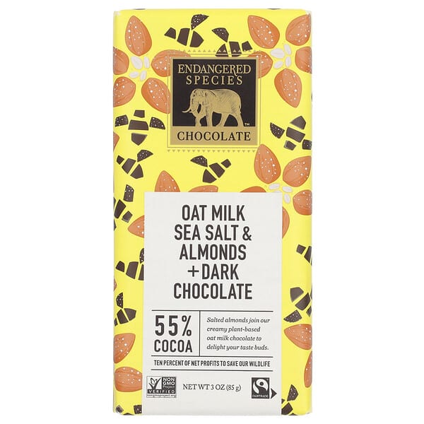 Endangered Species Chocolate, Oat Milk Sea Salt &amp; Almonds + Dark Chocolate, 55% Cocoa,  3 oz (85 g)