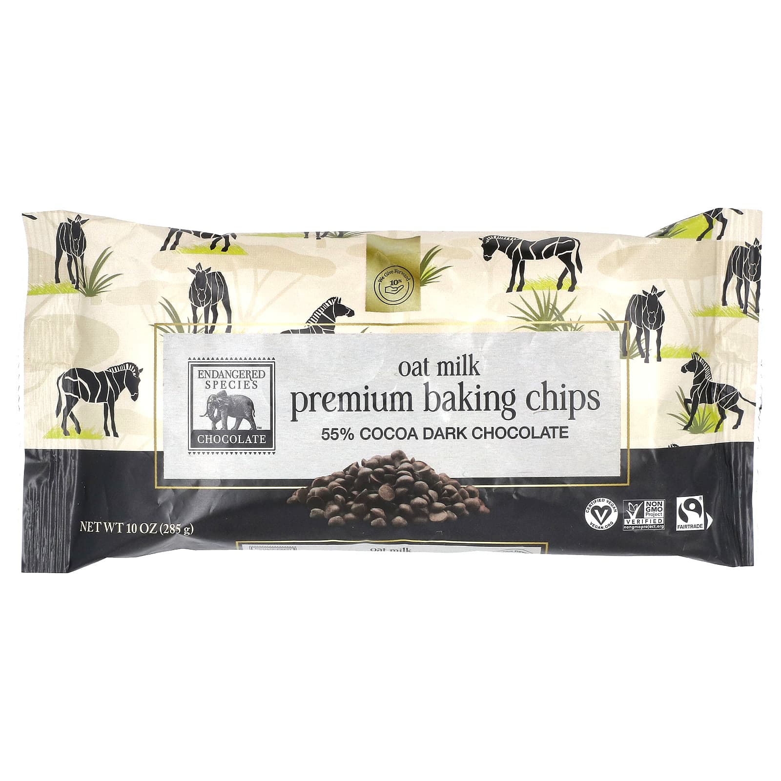 Endangered Species Chocolate, Premium Baking Chips, Oat Milk + 55 Cocoa Dark Chocolate, 10 oz