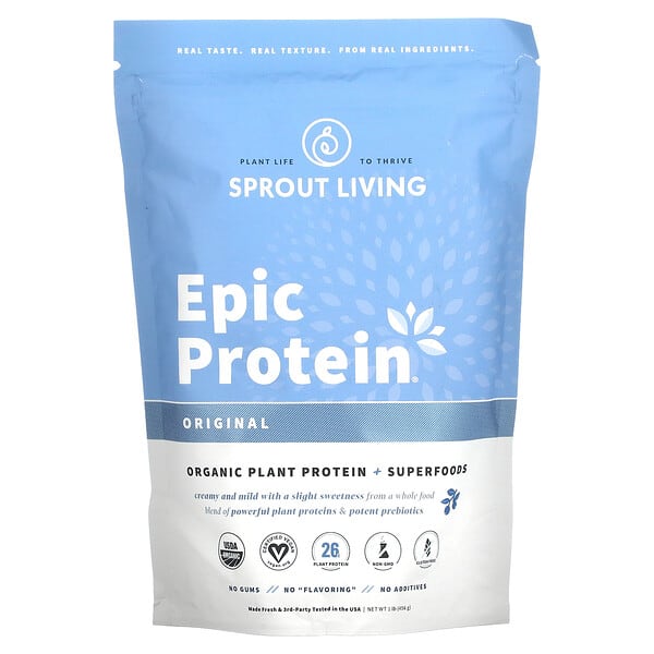 Sprout Living, Epic Protein（エピックプロテイン）、オーガニックプラントプロテイン＋スーパーフード、オリジナル（無香料）、455g（1ポンド）