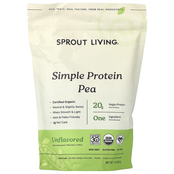 Sprout Living, Simple Protein, 유기농 완두콩 단백질, 무맛, 454g(1lb)