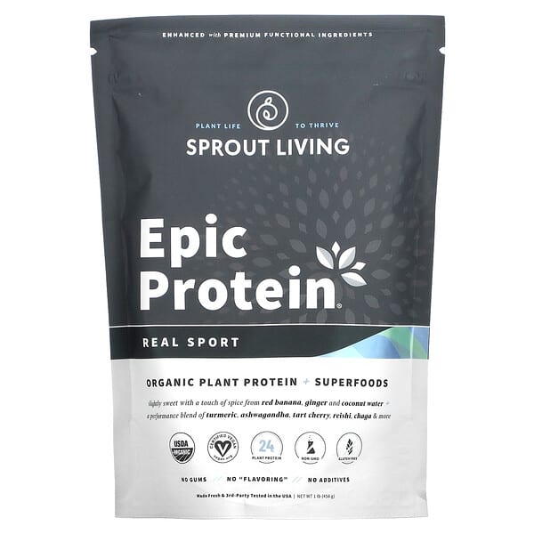Sprout Living, Epic 蛋白，有機植物蛋白 + 超級食物，Real Sport，1.1 磅（494 克）