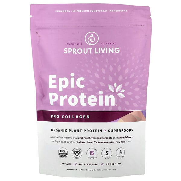 Sprout Living, Epic Protein®，膠原蛋白原，有機植物蛋白質 + SuperFood，0.7 磅（336 克）