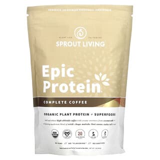 Sprout Living, Epic protein، بروتين نباتي عضوي + أطعمة فائقة القيمة الغذائية، قهوة كاملة، 1.1 رطل (494 جم)