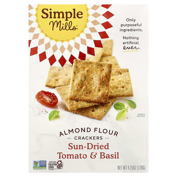 Simple Mills, Bebas Gluten secara Alami, Kraker dengan Tepung Almon, Rasa Tomat yang Dikeringkan di Bawah Sinar Matahari & Basil, 120 g (4,25 ons)