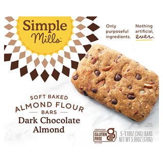 Simple Mills, Soft Baked Almond Flour Bars, Dark Chocolate Almond, 5 Bars, 1.19 oz (34 g) Each