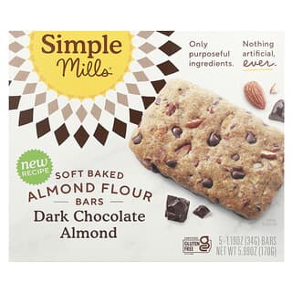 Simple Mills, Soft Baked Almond Flour Bars, Dark Chocolate Almond, 5 Bars, 1.19 oz (34 g) Each