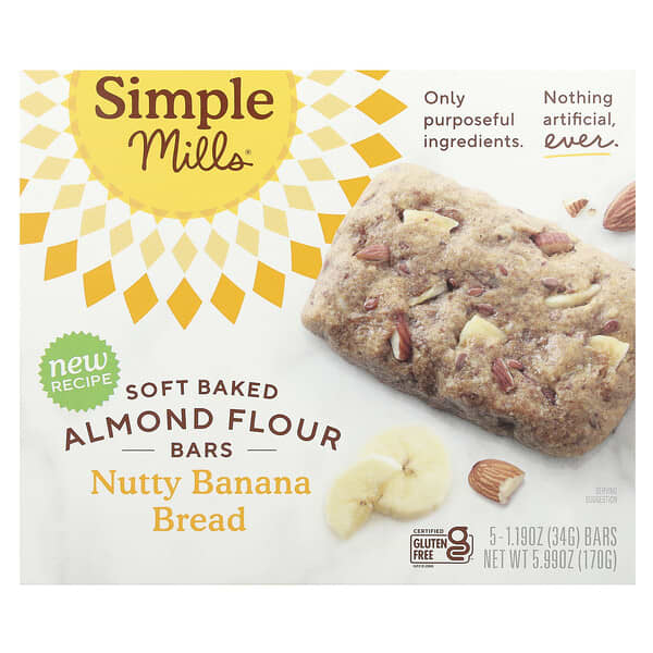 Simple Mills, Soft Baked Almond Flour Bars, Nutty Banana Bread, 5 Bars ...