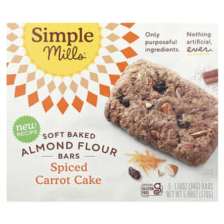 Simple Mills, Soft Baked Almond Flour Bars, Spiced Carrot Cake, 5 Bars, 1.19 oz (34 g) Each