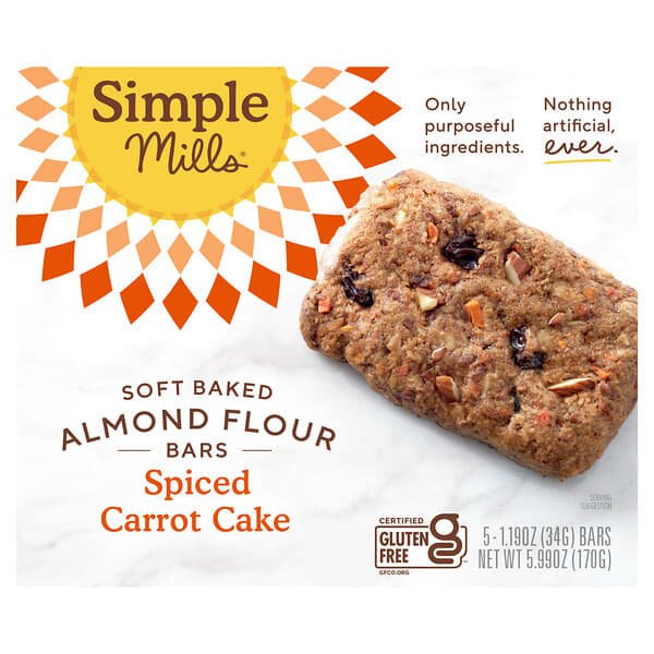 Simple Mills, Soft Baked Almond Flour Bars, Spiced Carrot Cake, 5 Bars, 1.19 oz (34 g) Each