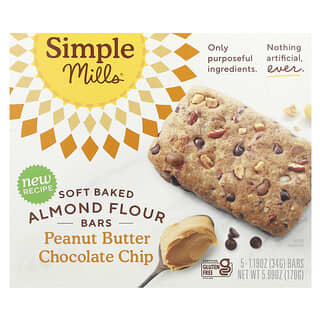 Simple Mills, Soft Baked Almond Flour Bars, Peanut Butter Chocolate Chip,  5 Bars, 1.19 oz (34 g) Each