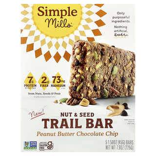 Simple Mills, батончик с орехами и семенами, арахисовая паста и шоколадная крошка, 5 батончиков по 45 г (1,58 унции)